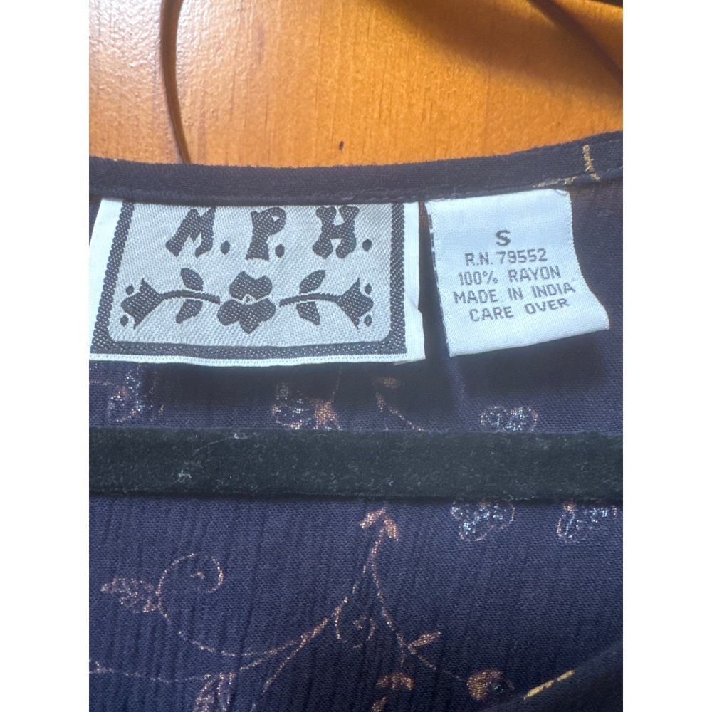 VTG MPH Navy Blue Floral Beaded Rayon Empire Waist Midi Dress Womens Small India - Picture 2 of 6